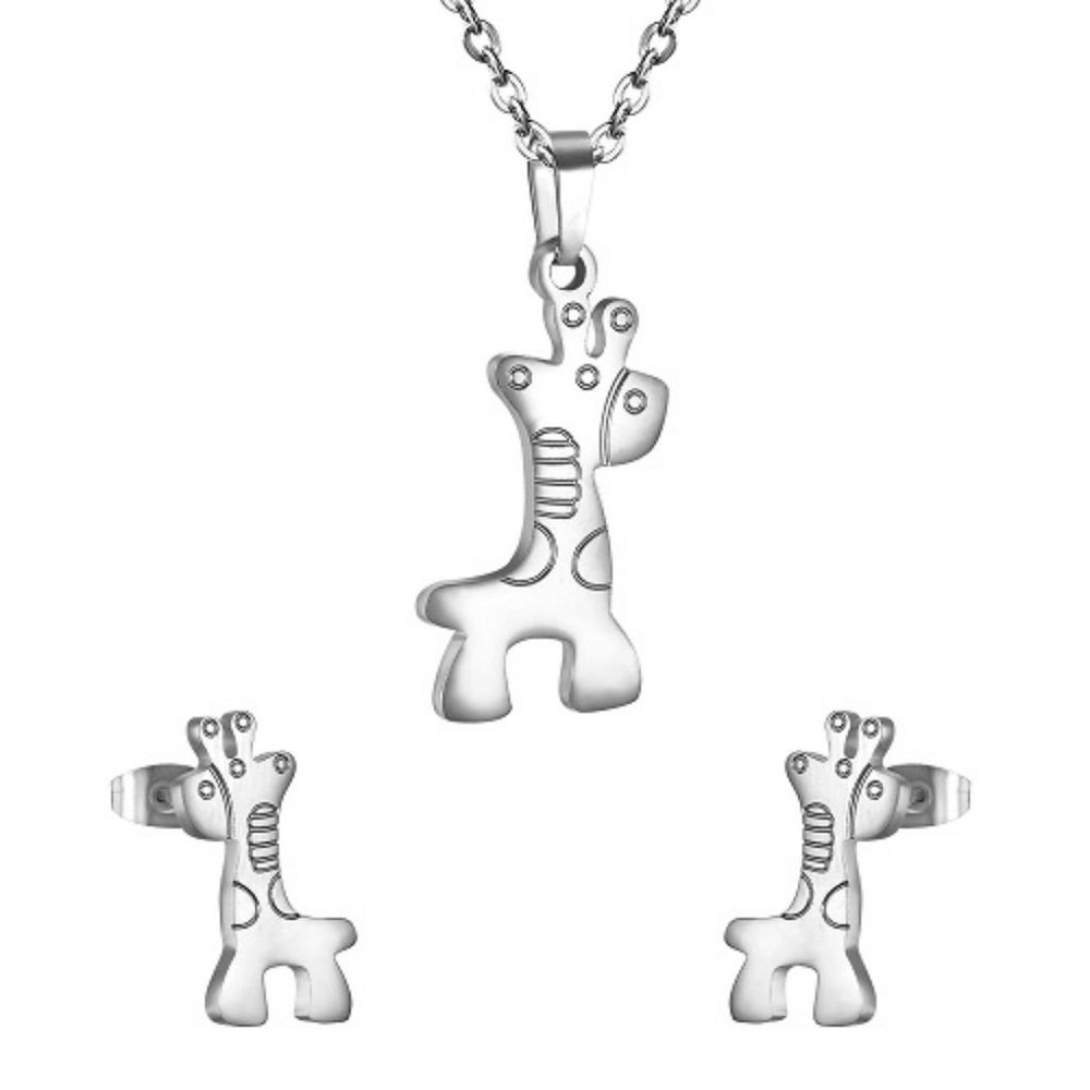 Stainless Steel Silver Giraffe Pendant, Necklace & Stud Earrings